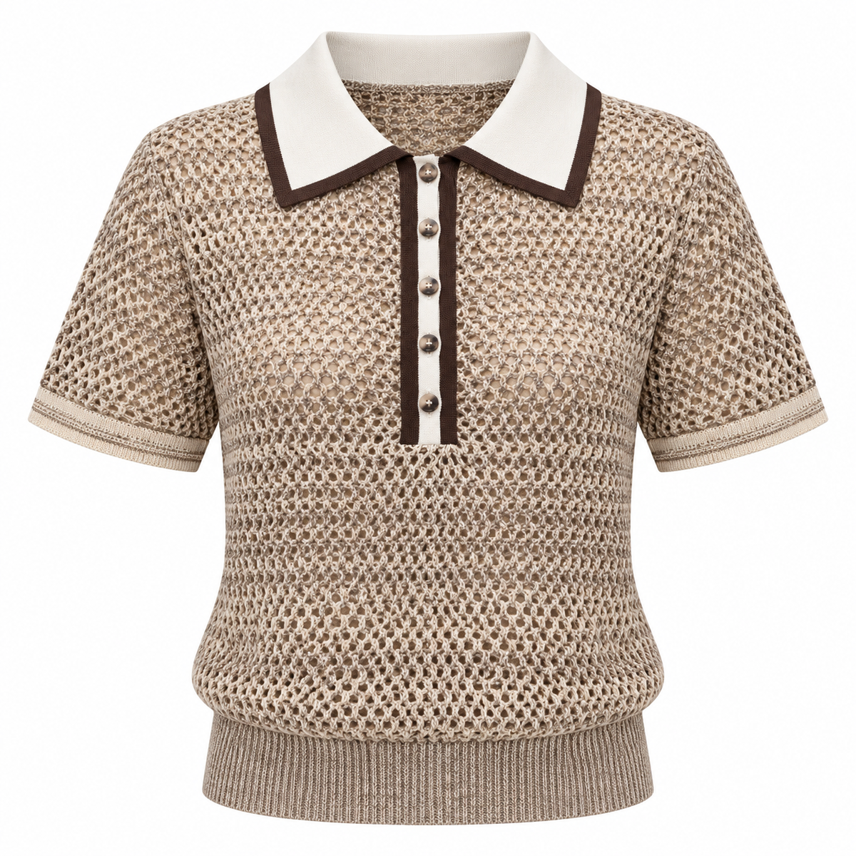 Elegante Blusa De Punto Manga Corta Diseño Hueco Manga Corta Con Botones Cuello Polo Estampado Hilo Brillante Moda Mujer En tendencia