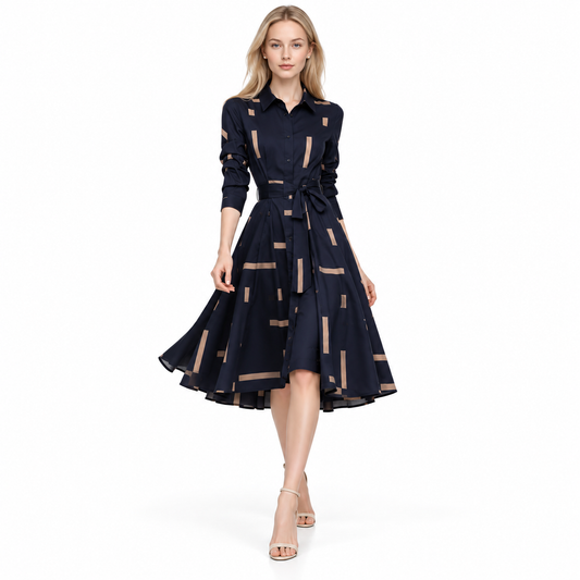 Vestido Camisero Elegante Azul Marino con Estampado Geométrico