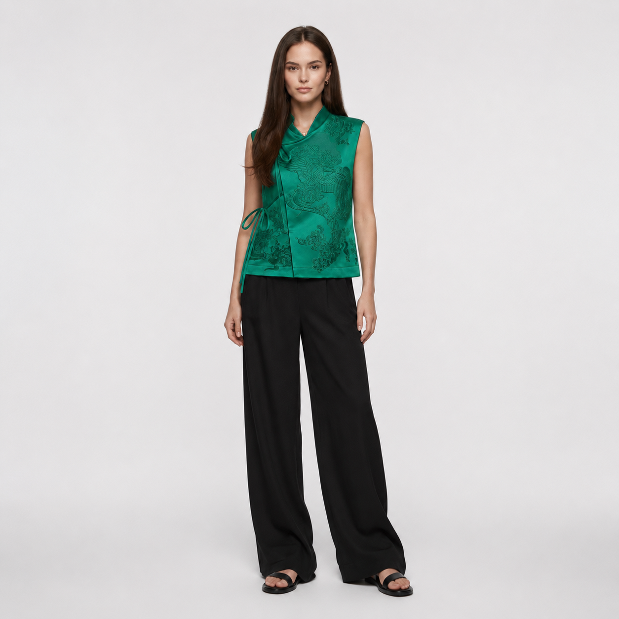 Blusa Estilo Chaleco Oriental Verde Esmeralda para Mujer con Bordado en Relieve
