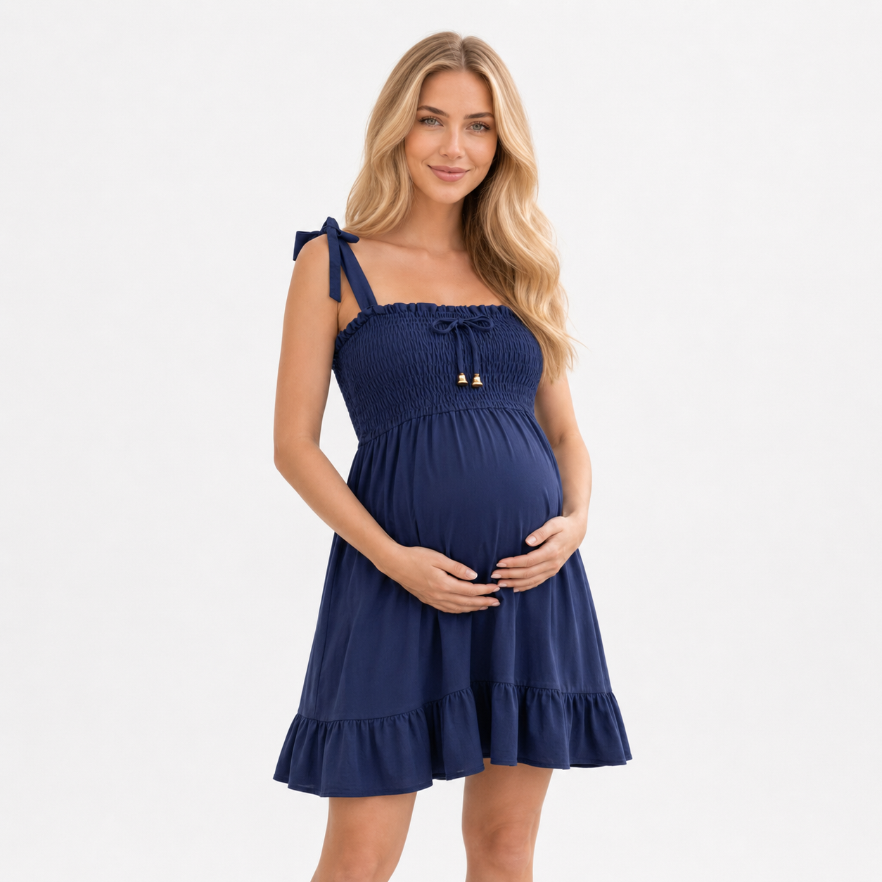 Vestido Corto de Maternidad con Busto Fruncido para Embarazada Azul Marino