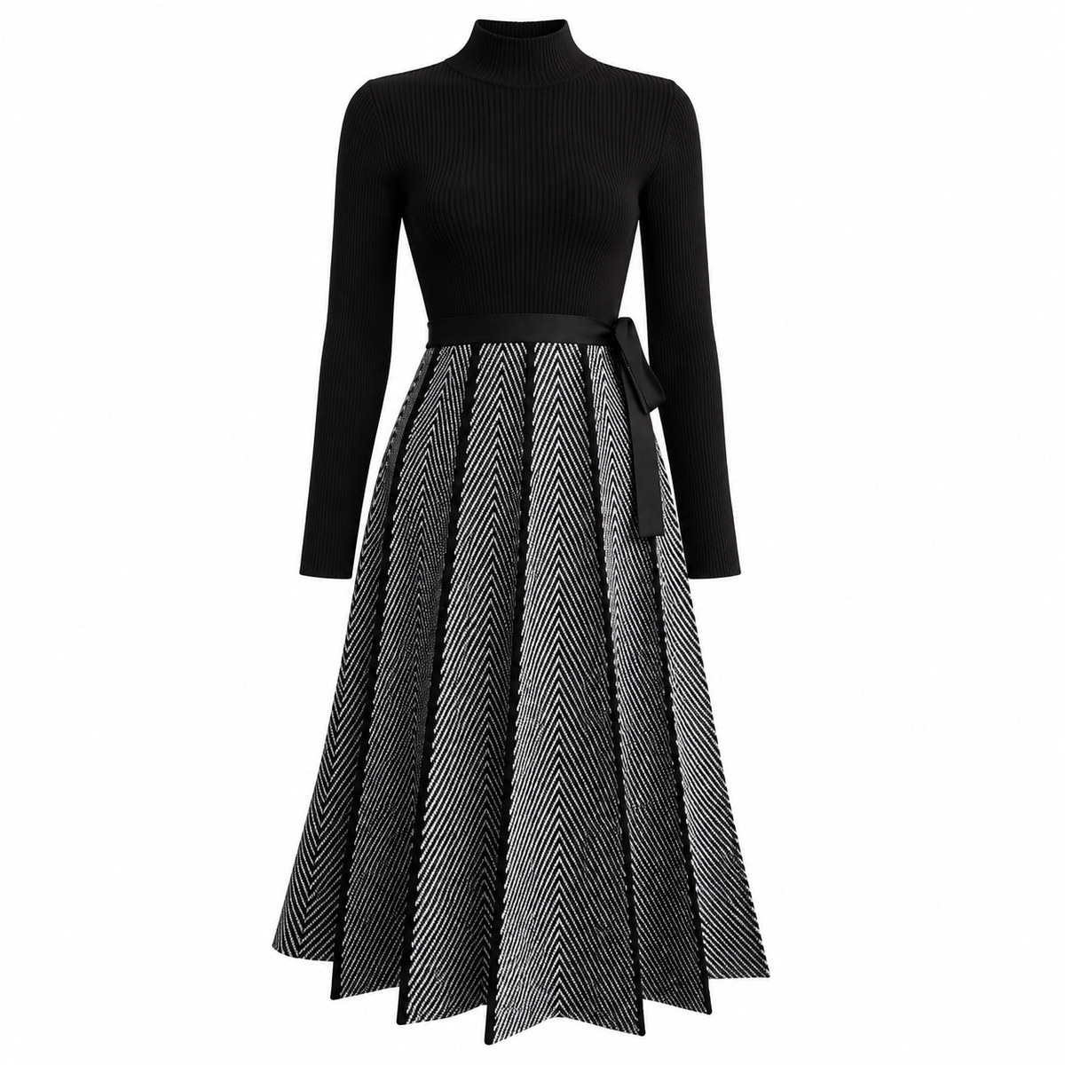 Vestido Elegante de Manga Larga con Falda Plisada