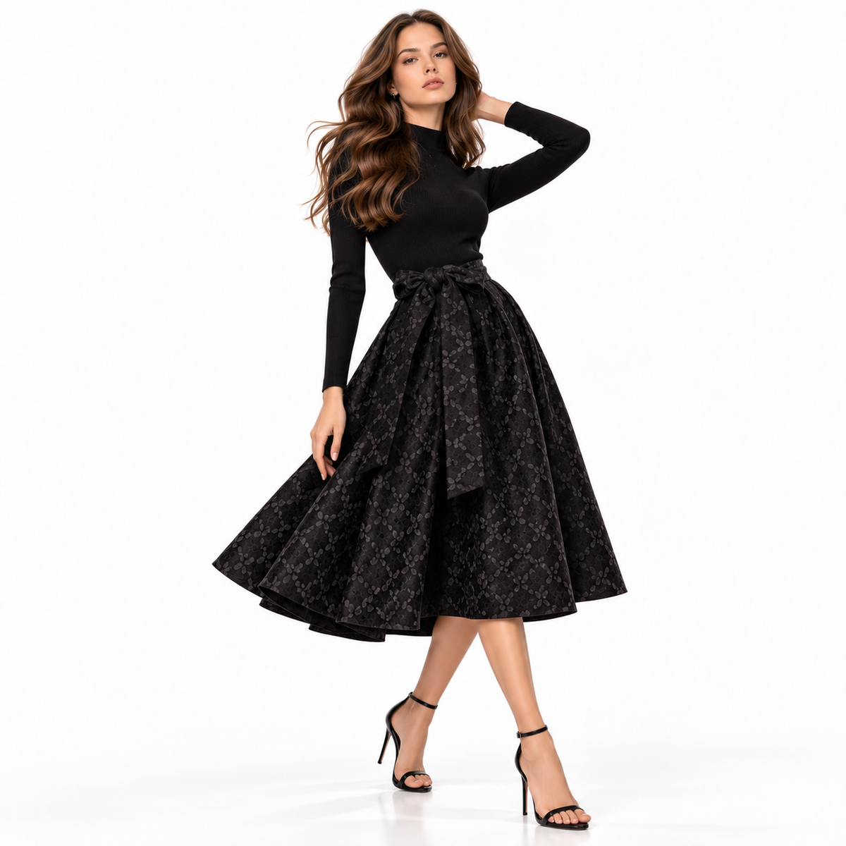 Vestido Elegante Negro con Falda Amplia y Lazo