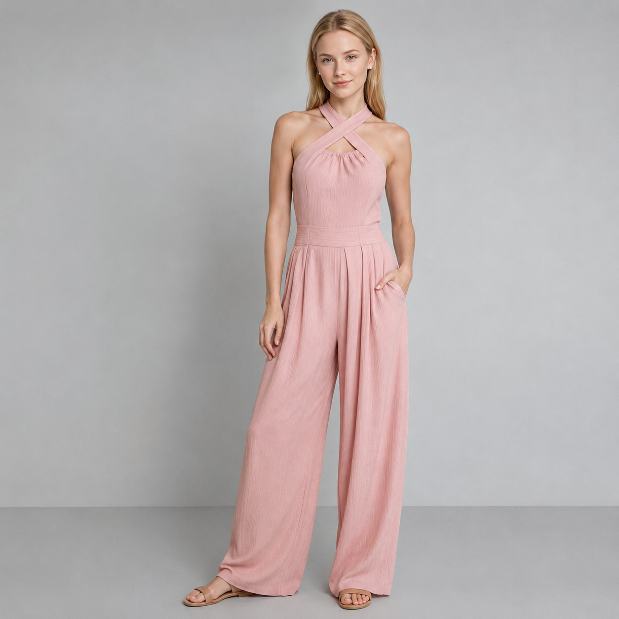 Elegante Mono Color Liso Con Cuello Halter Holgado en Pierna Moda Mujer En tendencia 3 Tonos Mas