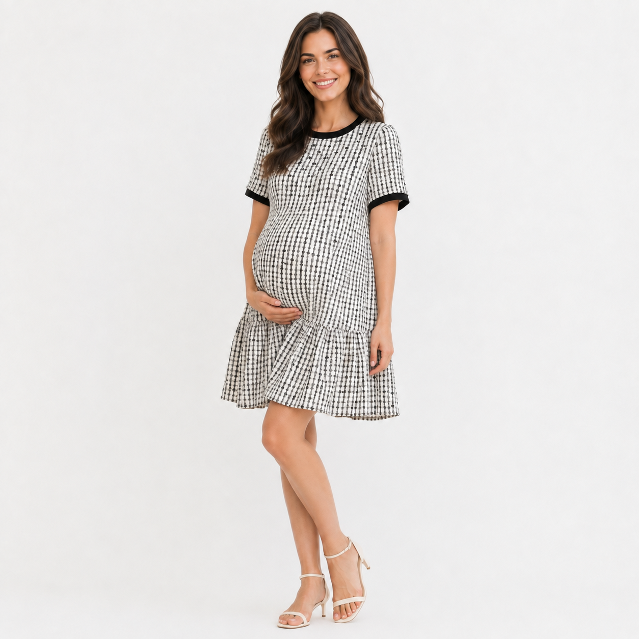 Vestido de Maternidad Blanco y Negro con Volante