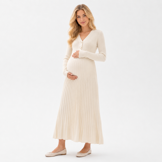 Vestido de Maternidad Largo Plisado Marfil con Manga Larga