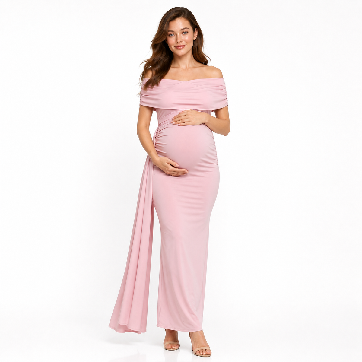 Vestido Elegante Rosa de un Hombro de Maternidad