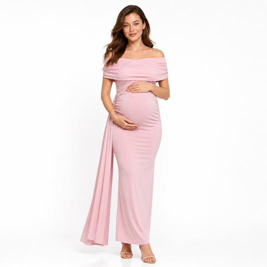 Vestido Elegante Rosa de un Hombro de Maternidad
