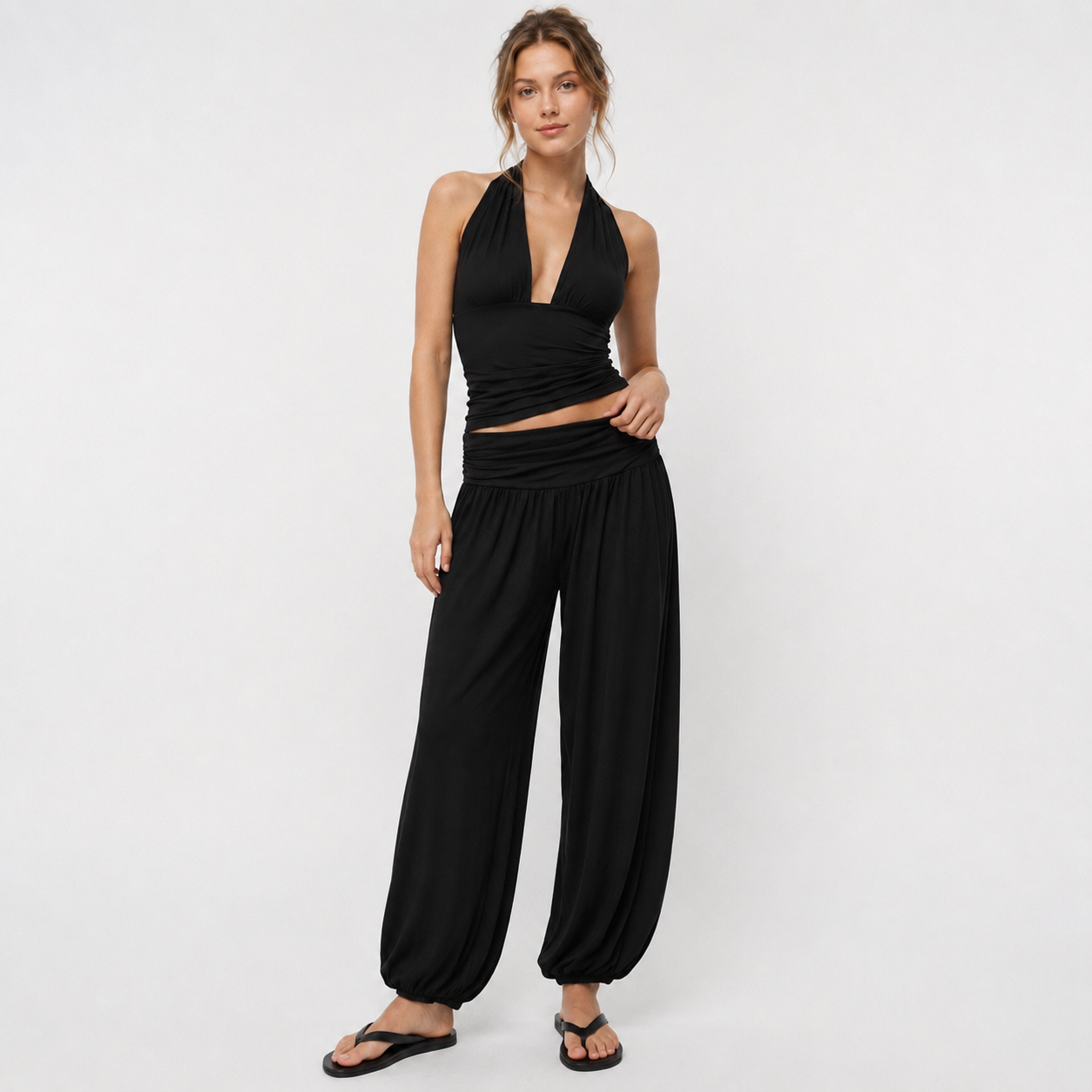Pantalón Fluido de Mujer con Cintura Drapeada y Silueta amplia en Tendencia