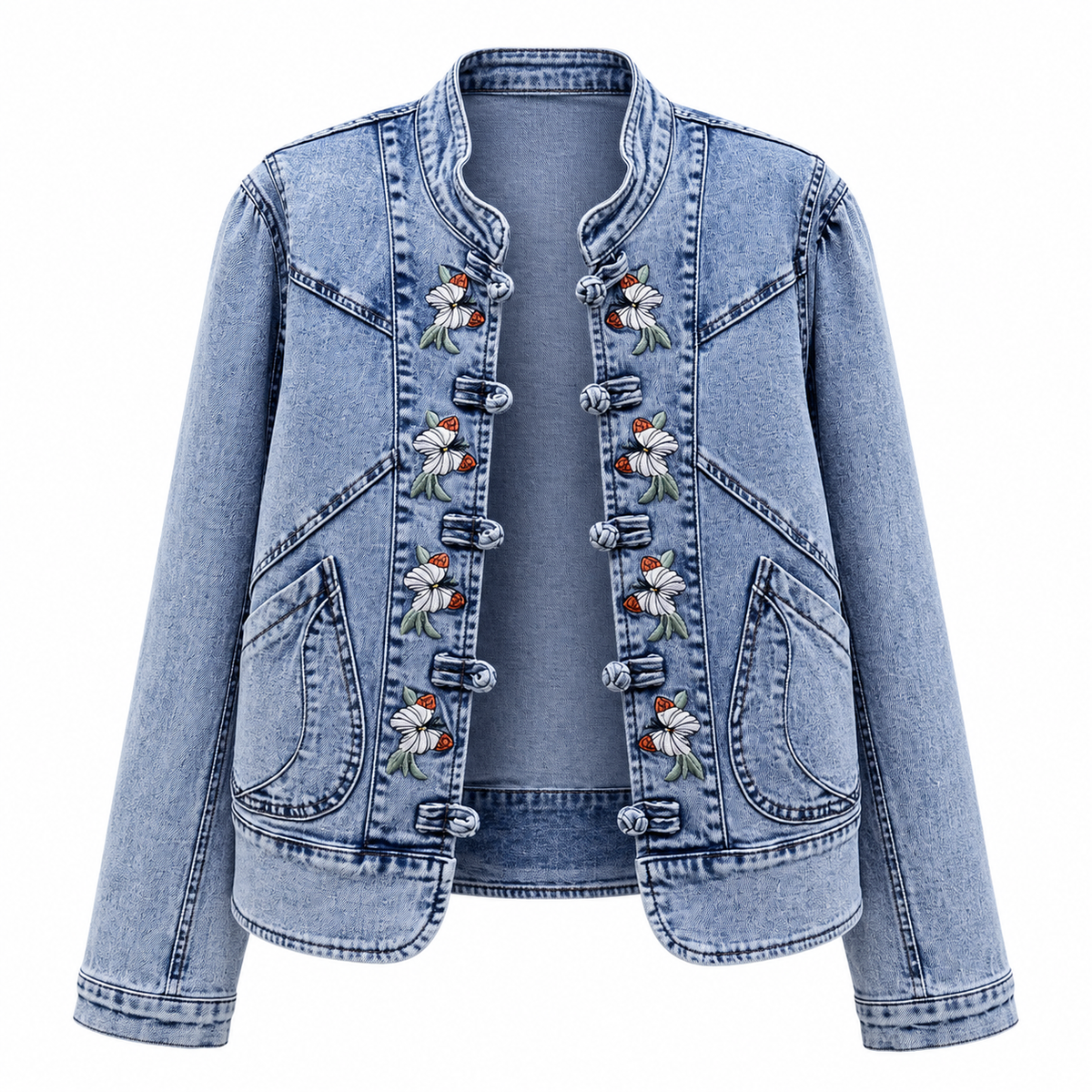 Elegante Chaqueta Corta Casual Manga Larga Bordada Botones Moda Mujer En Tendencia