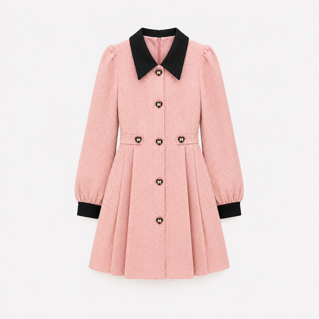Vestido Rosa Corto con Cuello Negro y Botones Moda para Mujer
