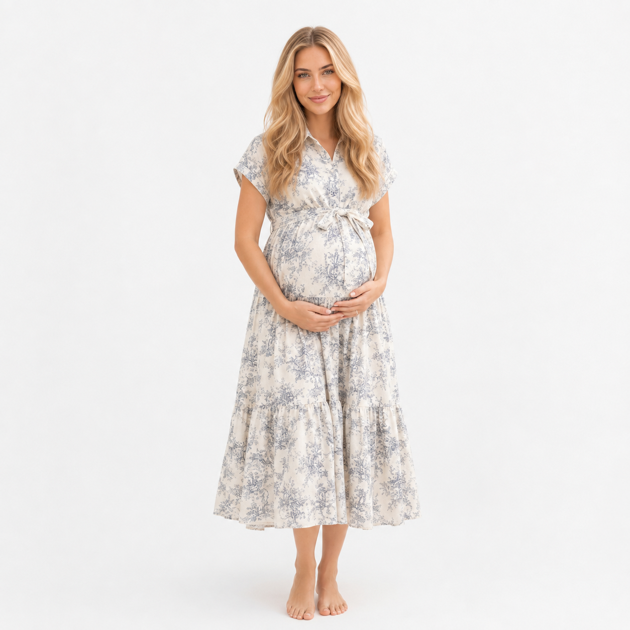 Vestido de Maternidad Midi Floral con Cintura Ajustable