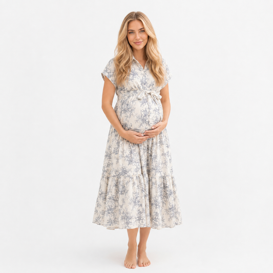 Vestido de Maternidad Midi Floral con Cintura Ajustable