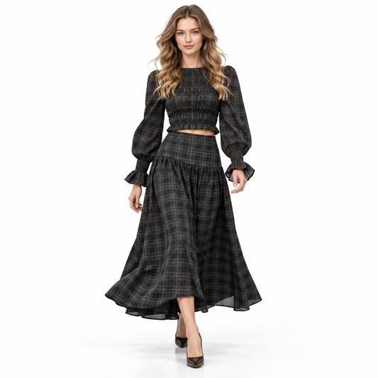 Conjunto Elegante a Cuadros con Falda Larga