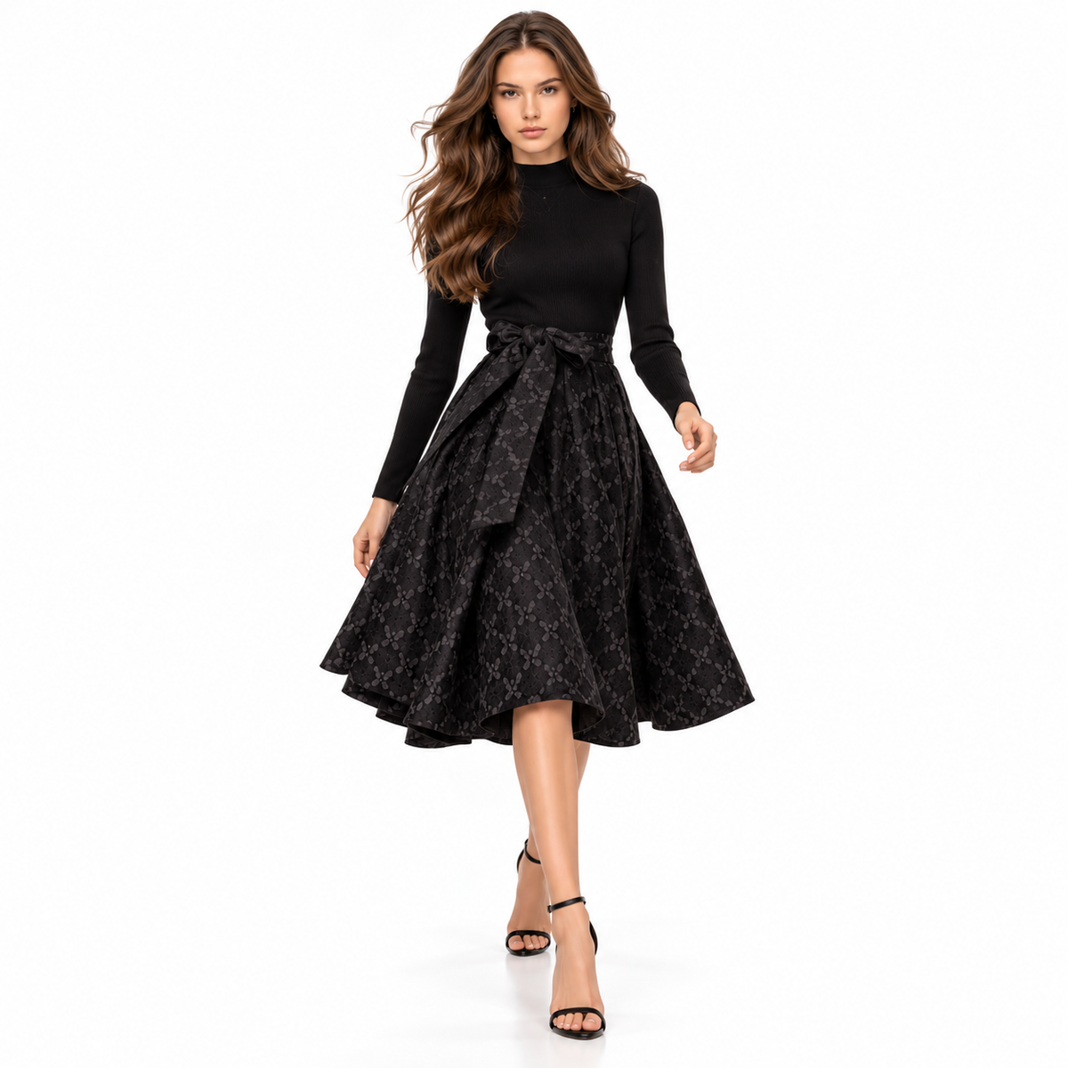 Vestido Elegante Negro con Falda Amplia y Lazo