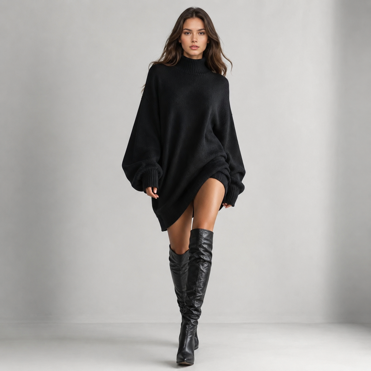 Vestido Suéter Oversized Negro para Mujer Elegancia con Botas
