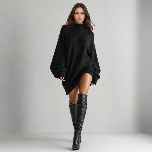 Vestido Suéter Oversized Negro para Mujer Elegancia con Botas