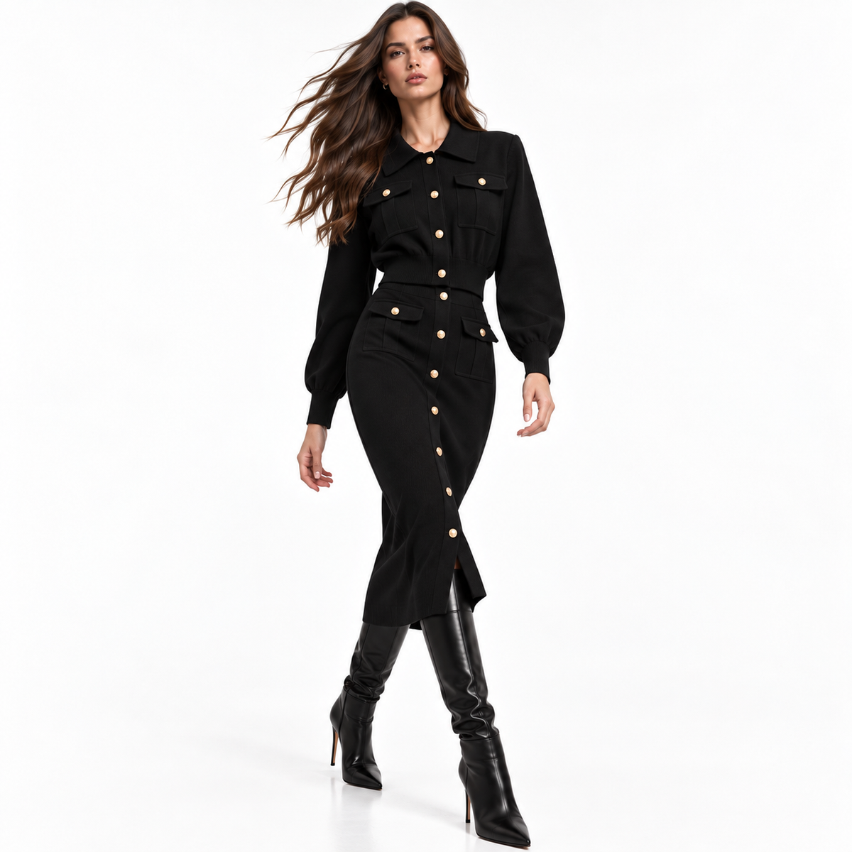 Conjunto de Punto Elegante con Falda Midi Negro
