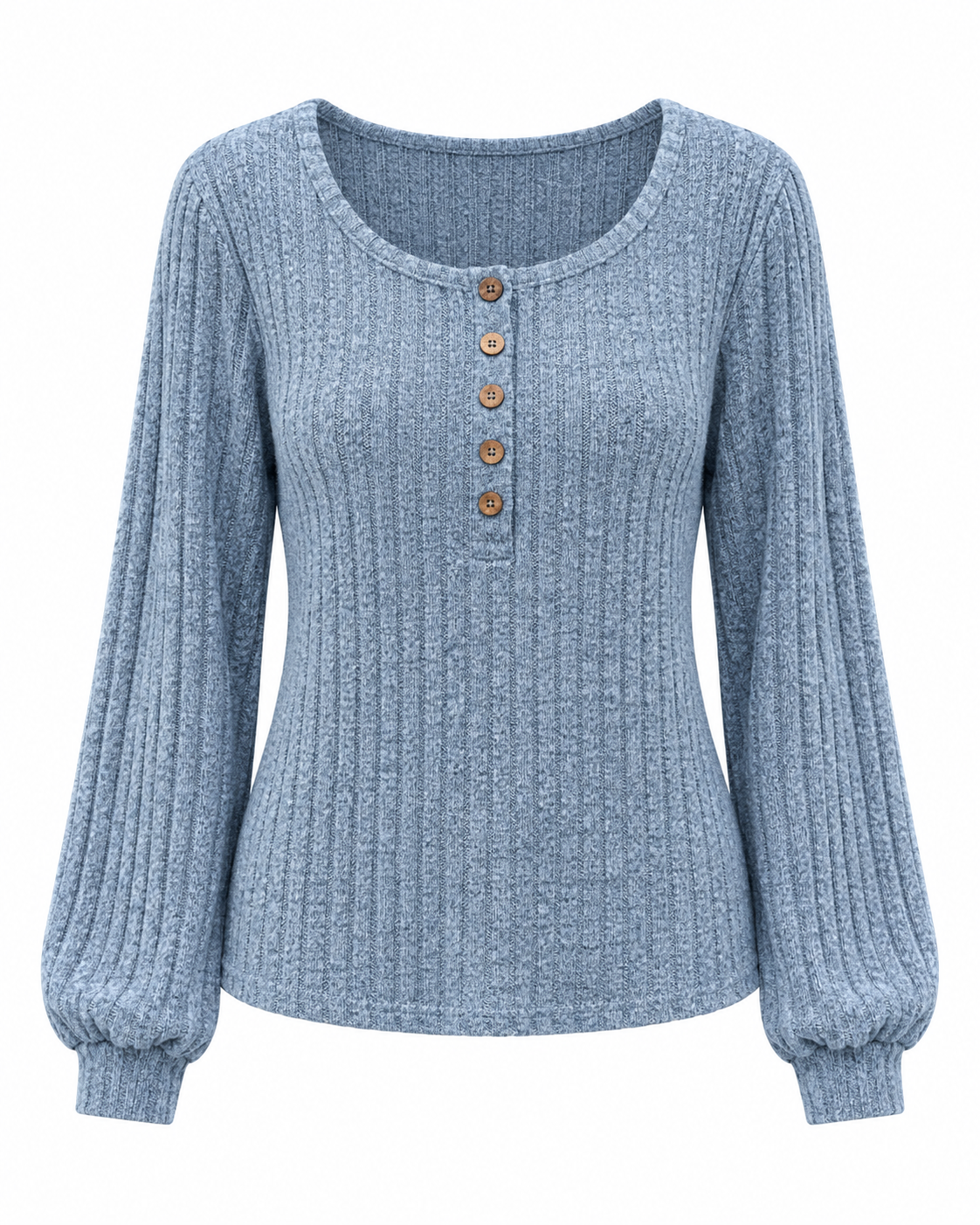 Elegante Camiseta De Manga Larga Retazos De Botones De Color Sólidos Cepillado Acanalado Con cuello redondo Semi holgado Moda Mujer En Tendencia