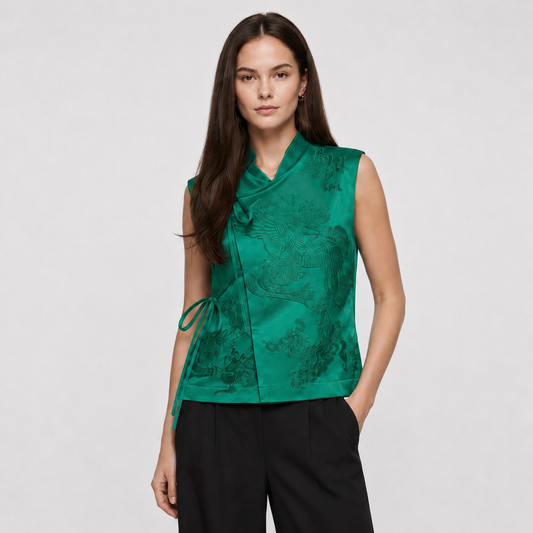Blusa Estilo Chaleco Oriental Verde Esmeralda para Mujer con Bordado en Relieve
