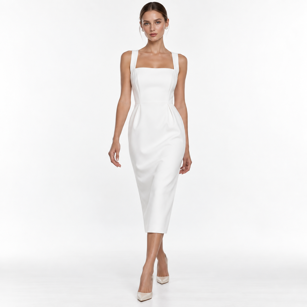 Vestido Midi Blanco de Escote Cuadrado