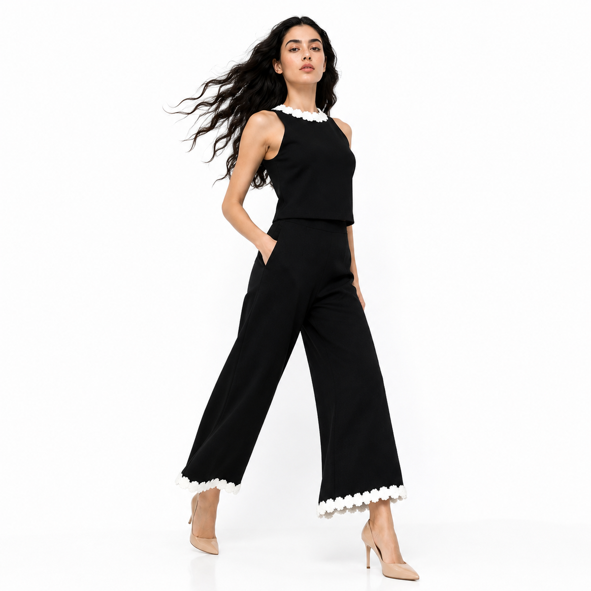 Conjunto de Pantalones con Estampado Floral Negro Moda Femenina