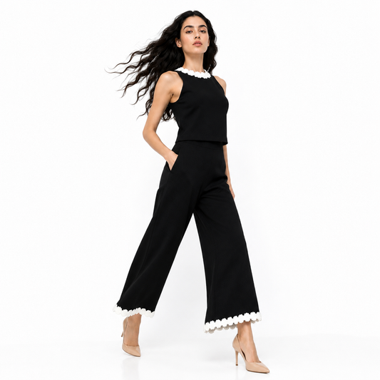 Conjunto de Pantalones con Estampado Floral Negro Moda Femenina