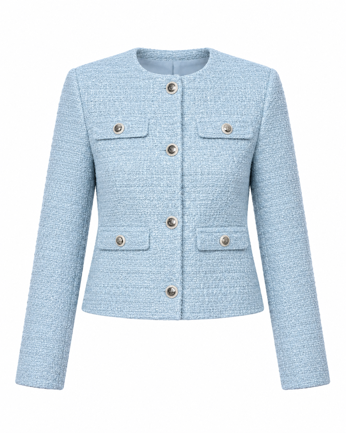 Elegante Chaqueta Casual Formal Cuello Redondo Blazer Corto Botones Decorativos Bolsillos Falsos Manga Larga  Moda Mujer En Tendencia