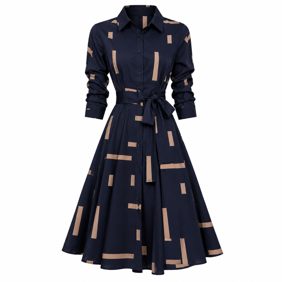 Vestido Camisero Elegante Azul Marino con Estampado Geométrico