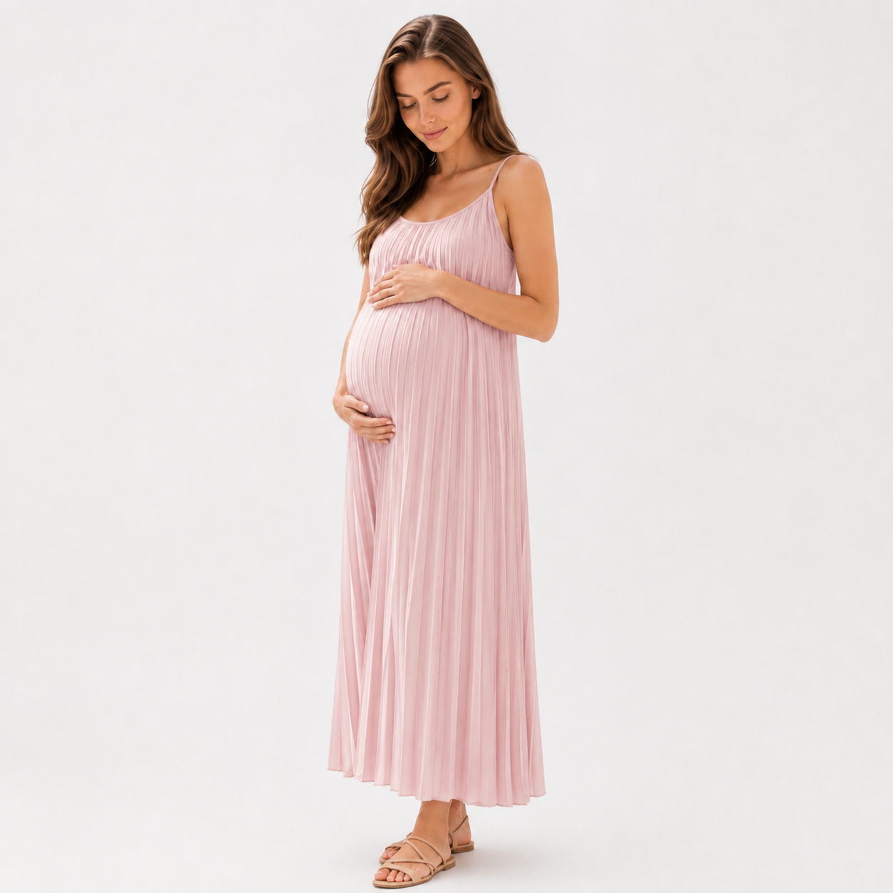 Vestido de Maternidad Largo Plisado Fresco Rosa