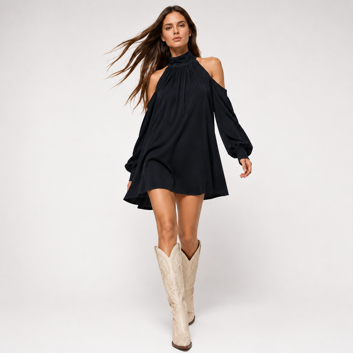 Elegante Vestido Corto De Cuello Halter Hombros Descubiertos Manga Farol Moda Mujer En Tendencia