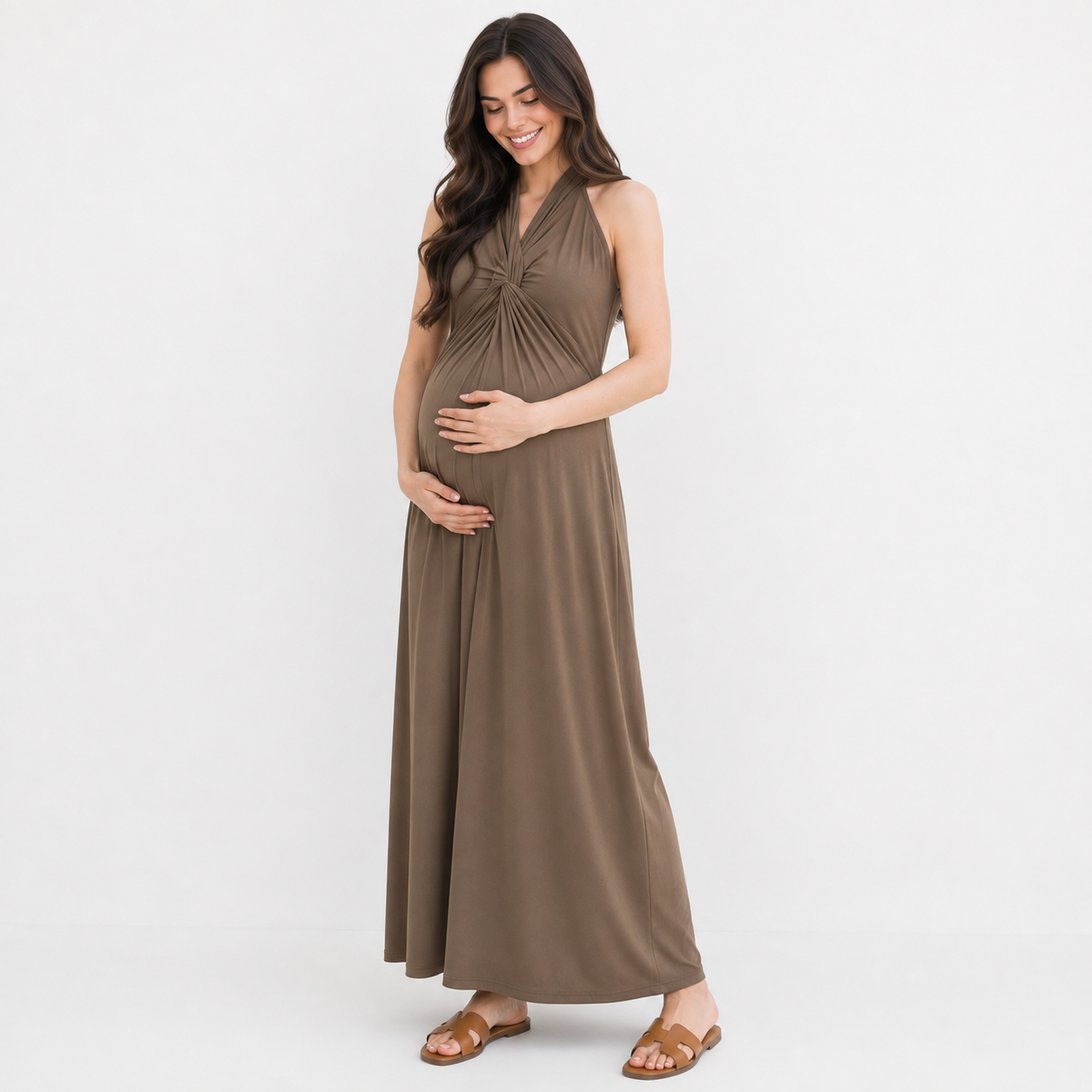 Vestido Maternal Largo Halter Drapeado Elegante y Cómodo para Embarazo