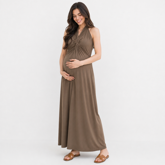 Vestido Maternal Largo Halter Drapeado Elegante y Cómodo para Embarazo