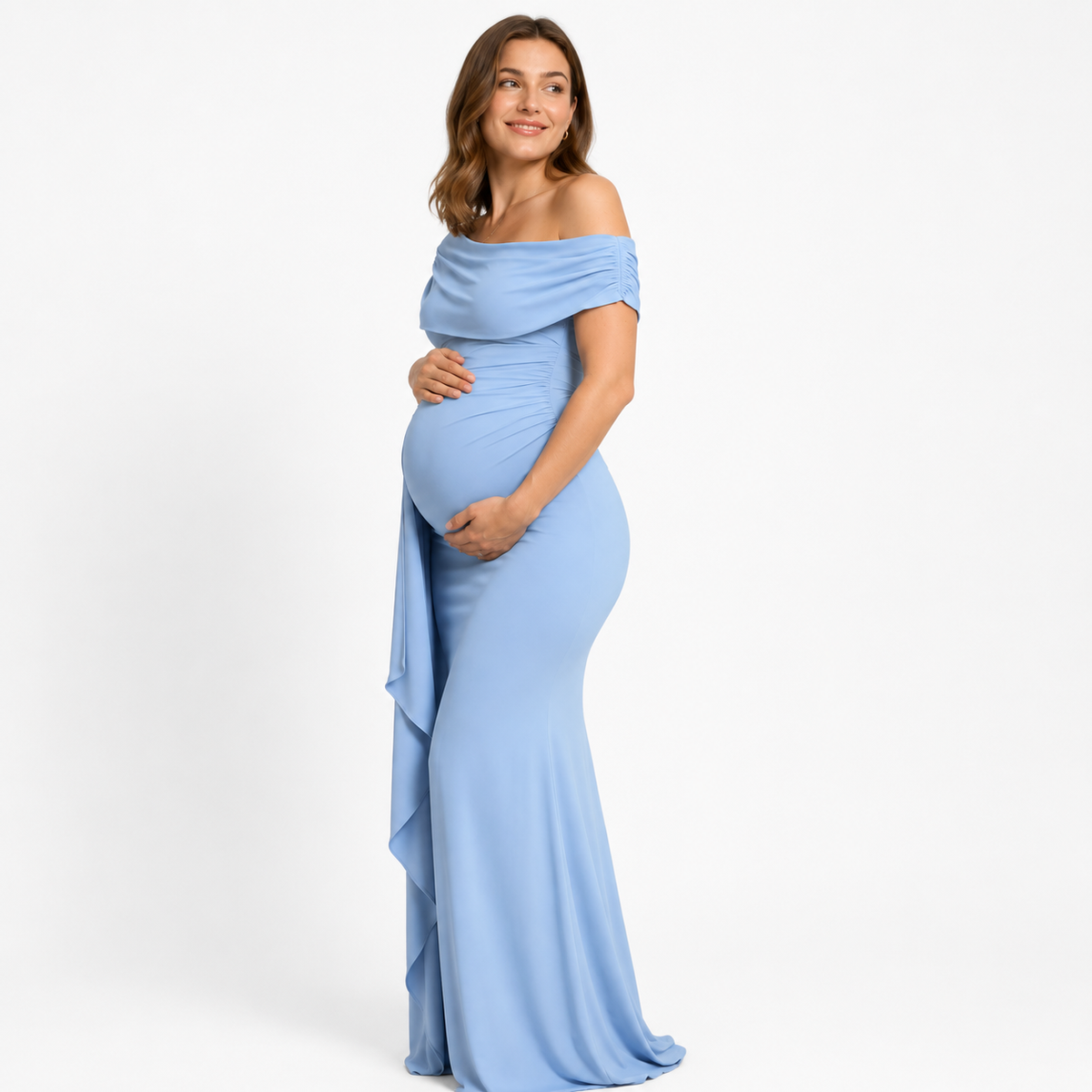 Vestido Elegante Azul de un Hombro de Maternidad