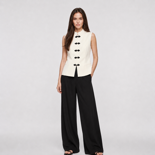 Conjunto Blanco y Negro para Mujer con Chaleco y Pantalón Amplío estilo Oriental de Moda Mujer