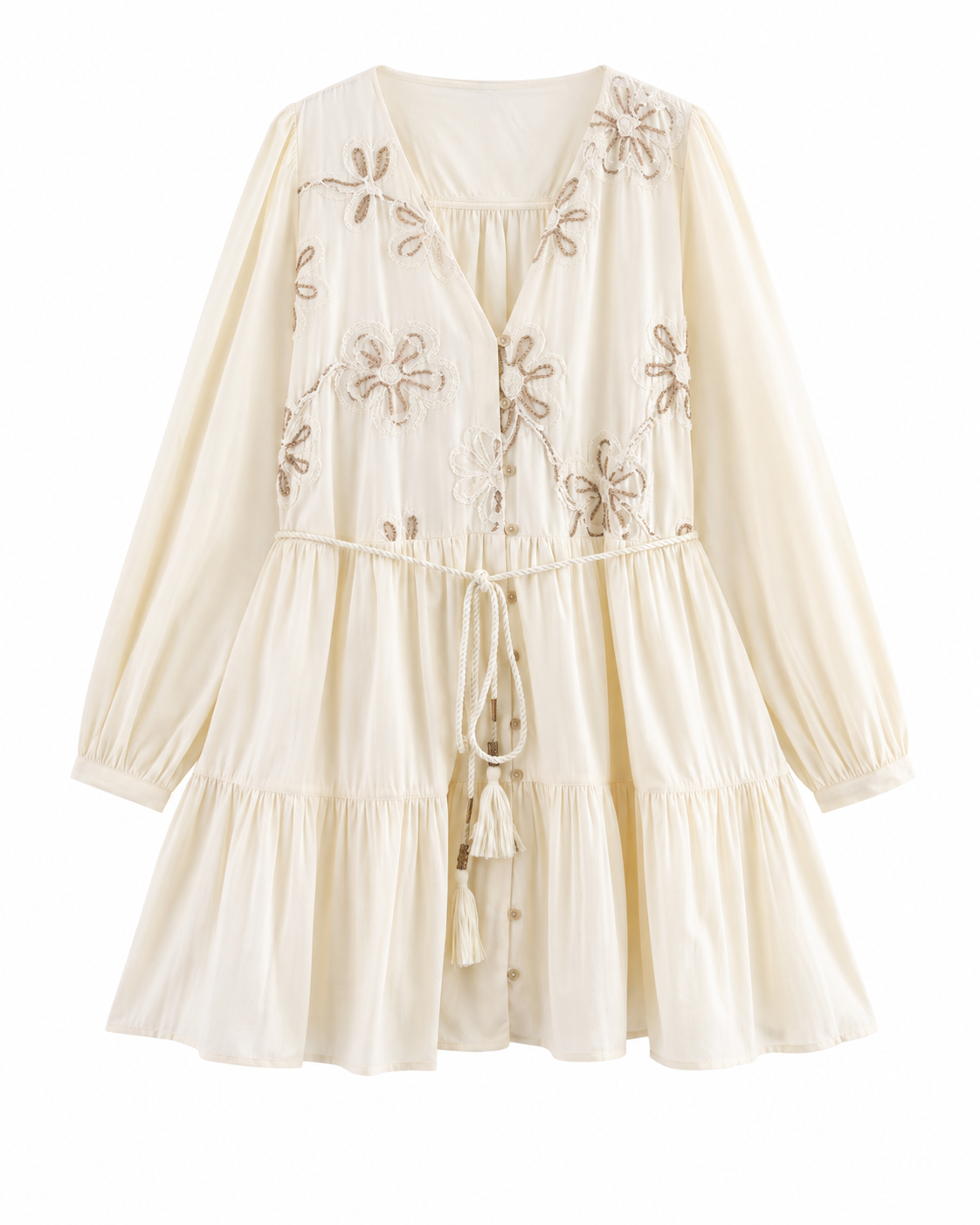 Vestido Corto Bordado Marfil con Cintura Ajustable