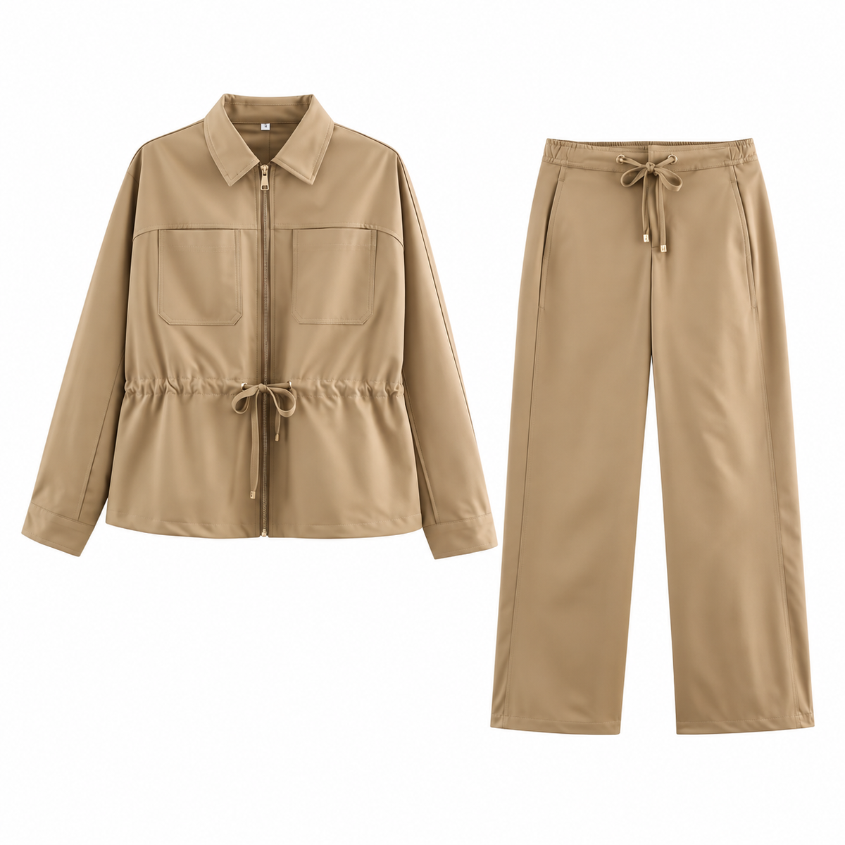 Conjunto de Mujer Dos Piezas Caqui con Chaqueta Ajustable y Pantalón Recto