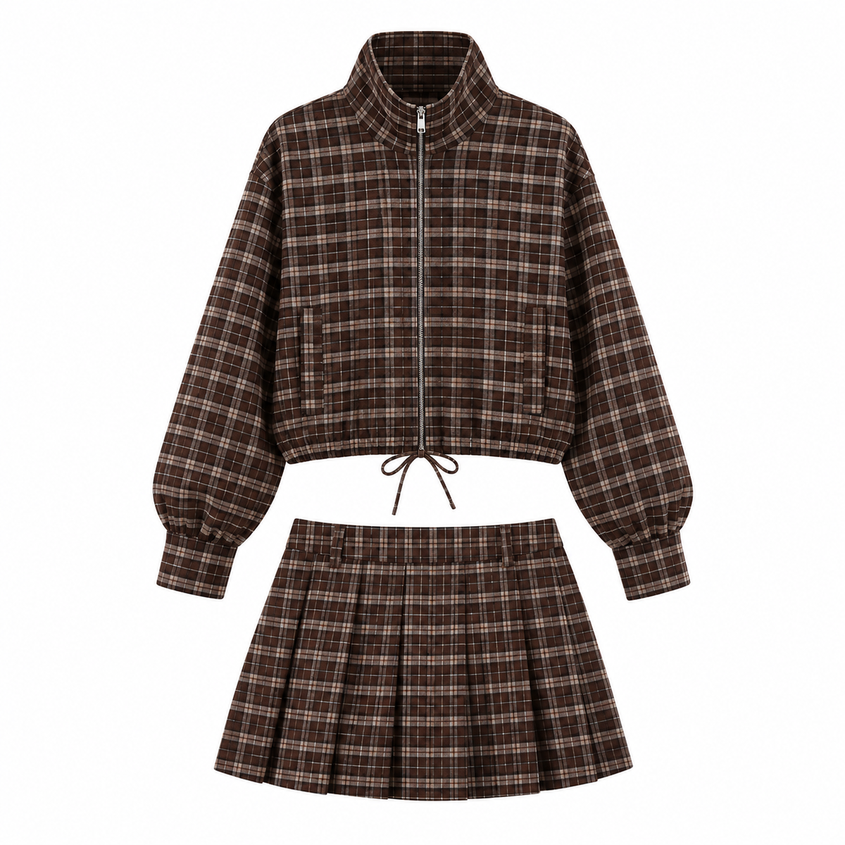 Conjunto Cuadros Café de Chaqueta y Falda Plisada