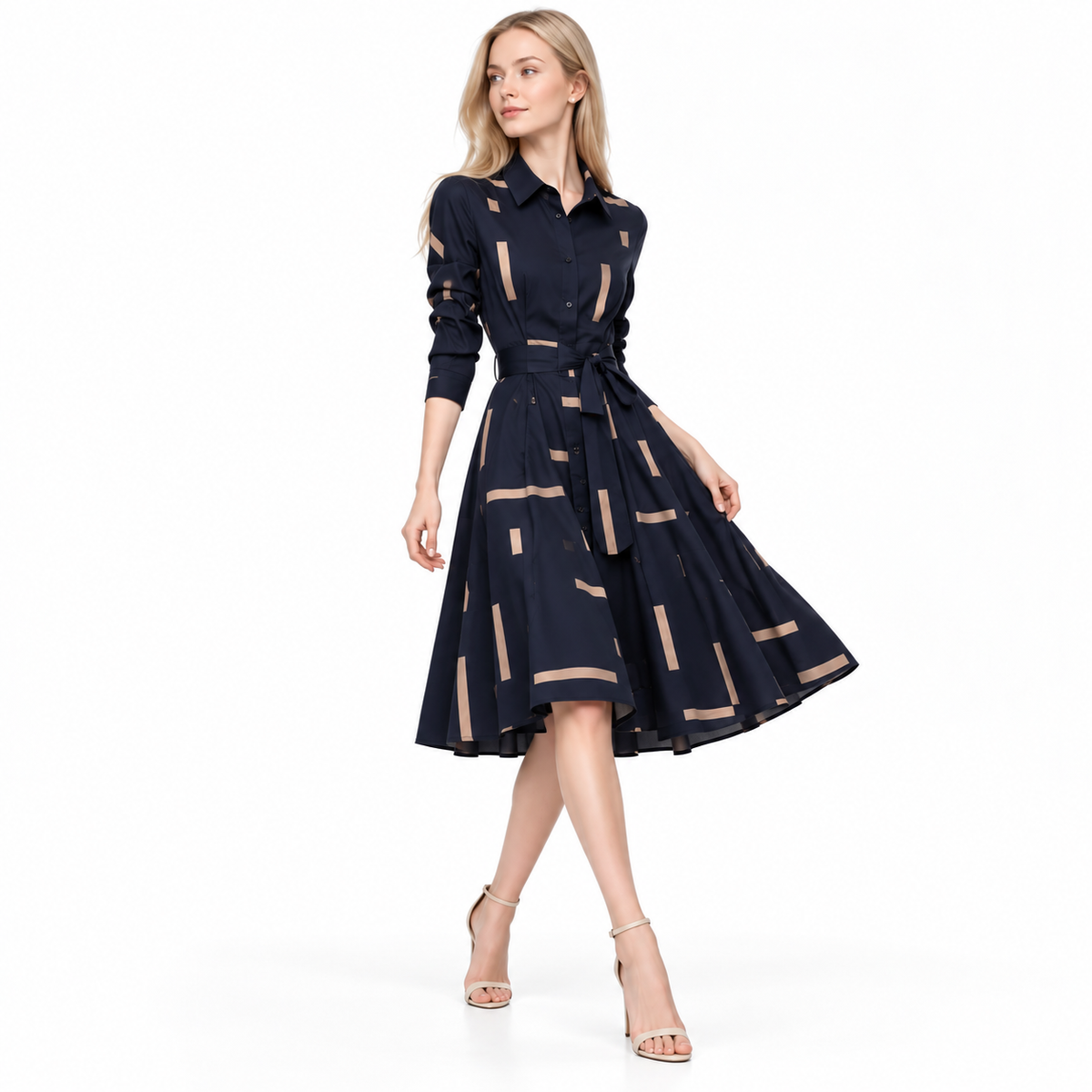 Vestido Camisero Elegante Azul Marino con Estampado Geométrico