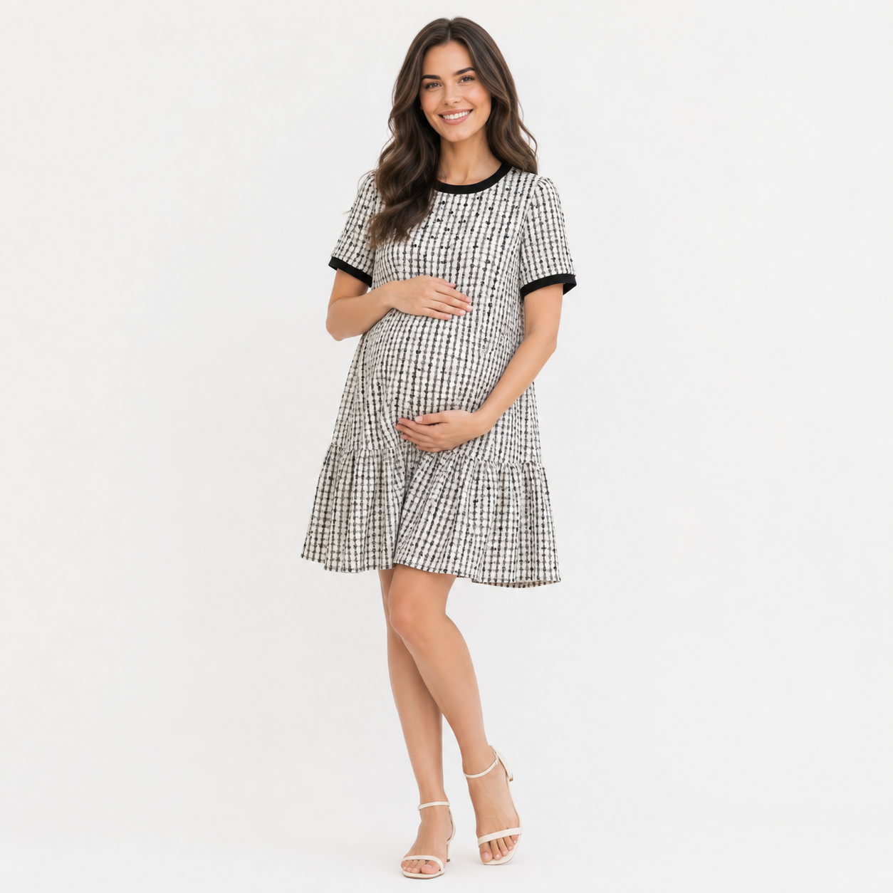 Vestido de Maternidad Blanco y Negro con Volante