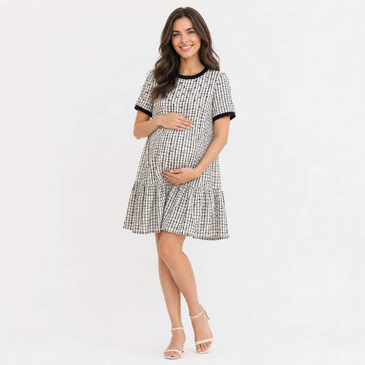 Vestido de Maternidad Blanco y Negro con Volante