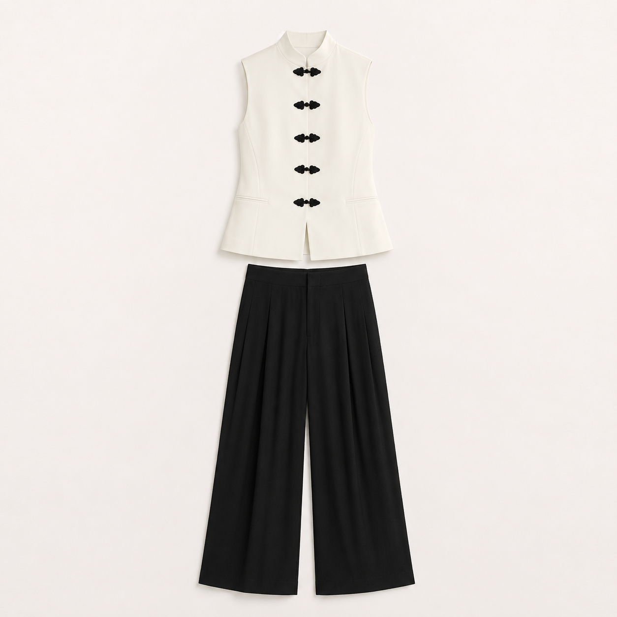 Conjunto Blanco y Negro para Mujer con Chaleco y Pantalón Amplío estilo Oriental de Moda Mujer