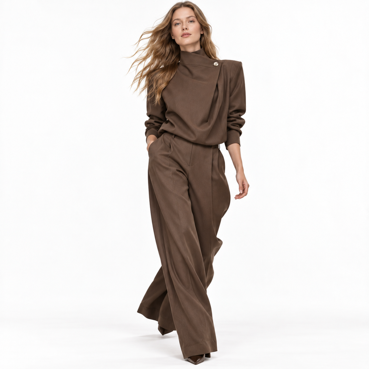 Conjunto Elegante Top De Manga Larga Cuello Alto Pantalón Holgado Color Solido Casual Moda Mujer En Tendencia
