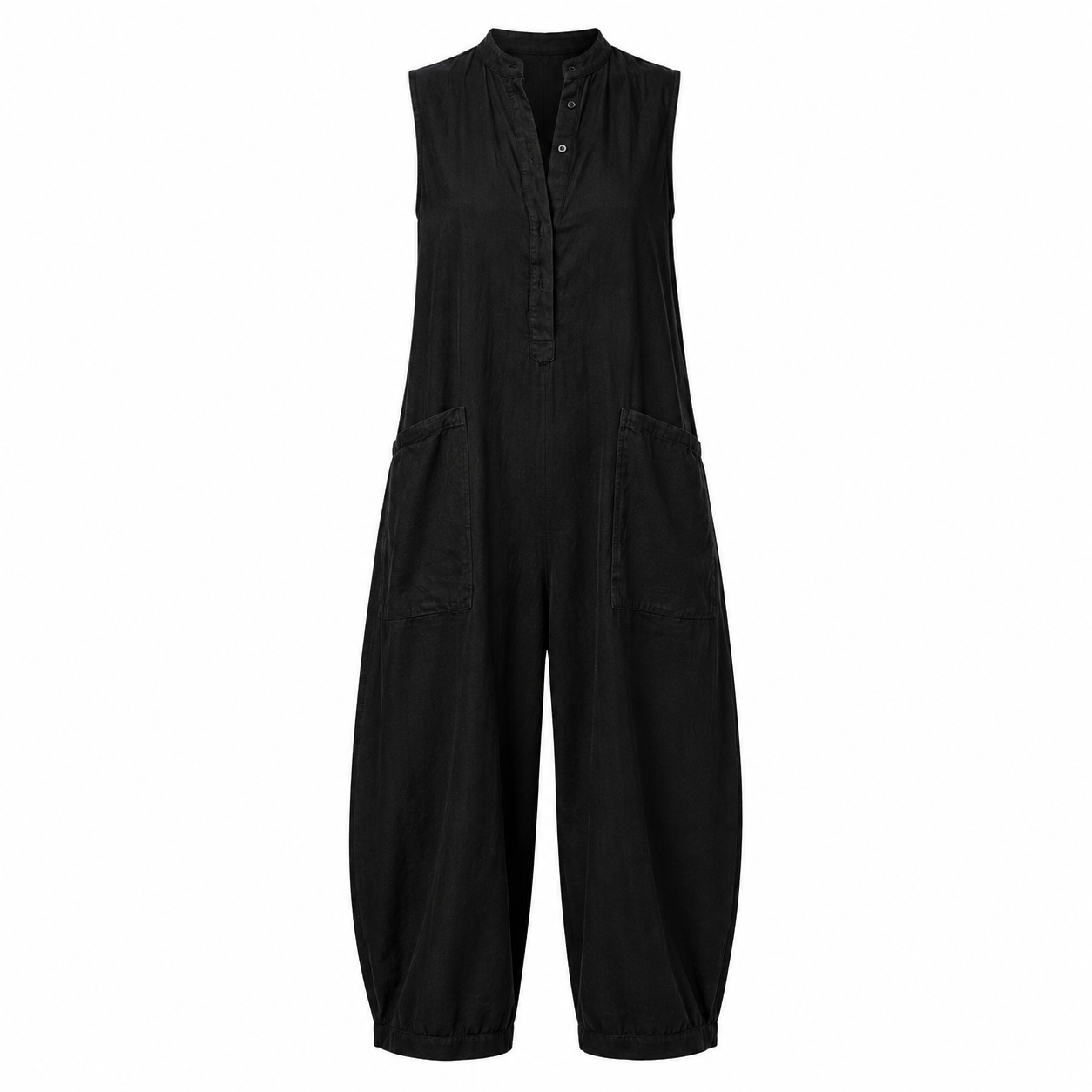 Elegante Mono Casual en Color Liso Holgado Pierna Ancha Sin Mangas Cuello Alto Con Botones Moda Mujer En Tendencia 4 Tonos Mas
