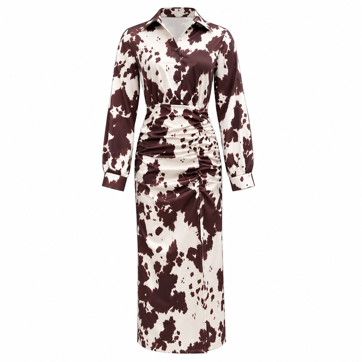 Vestido Maxi Camisero Estampado con Abertura y Cintura Marcada
