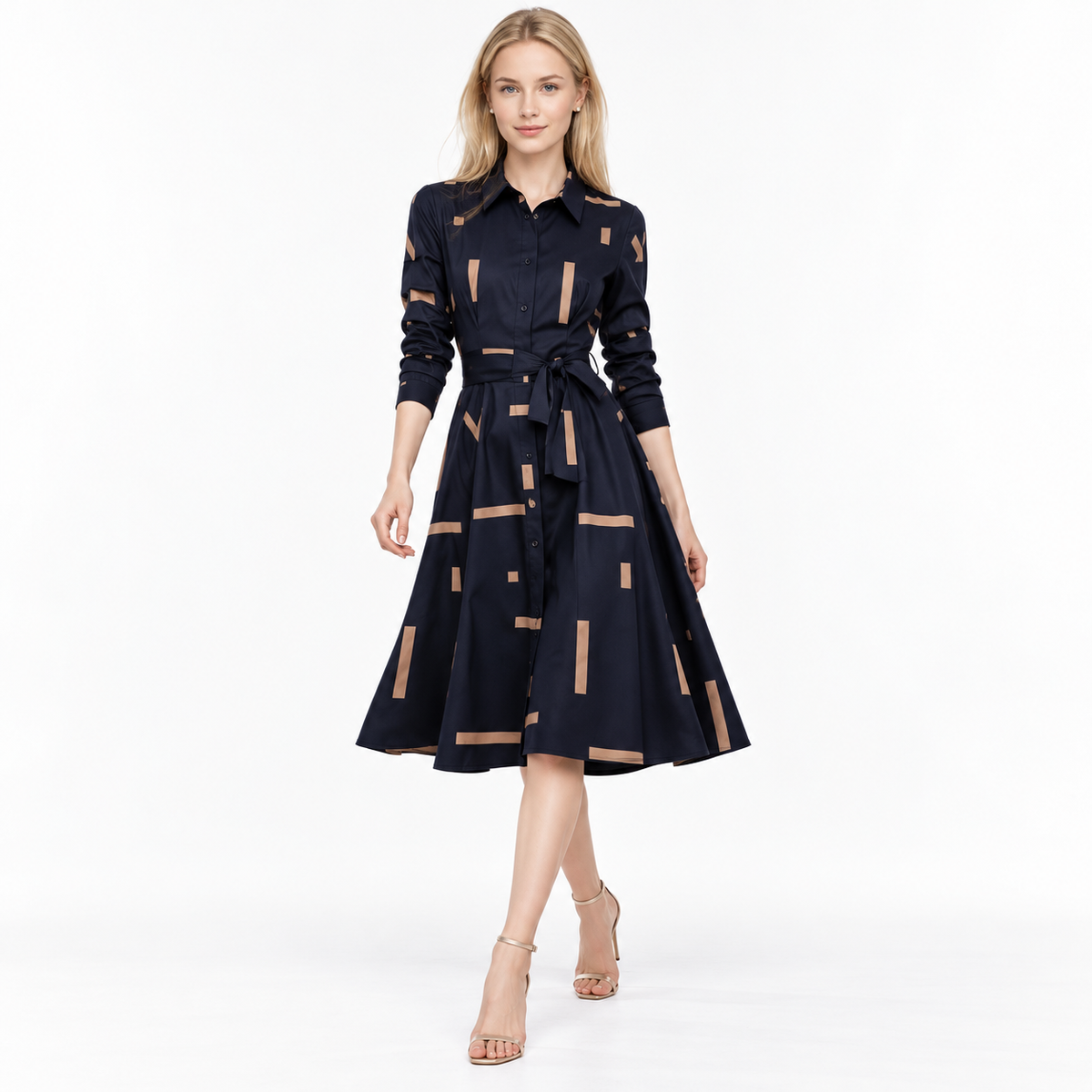 Vestido Camisero Elegante Azul Marino con Estampado Geométrico