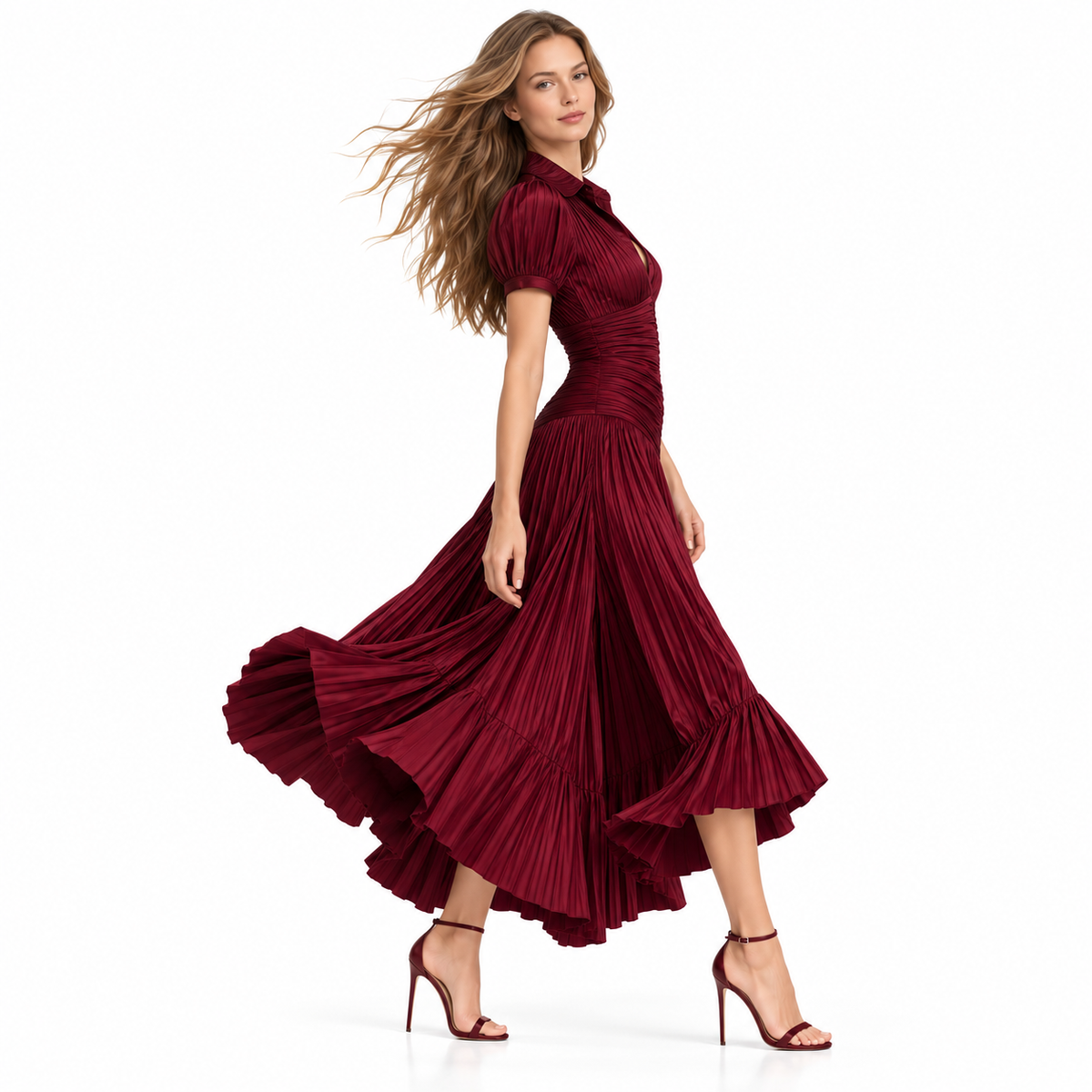 Elegante Vestido Largo Plisado Cintura Alta Con Solapa Manga Casual Formal