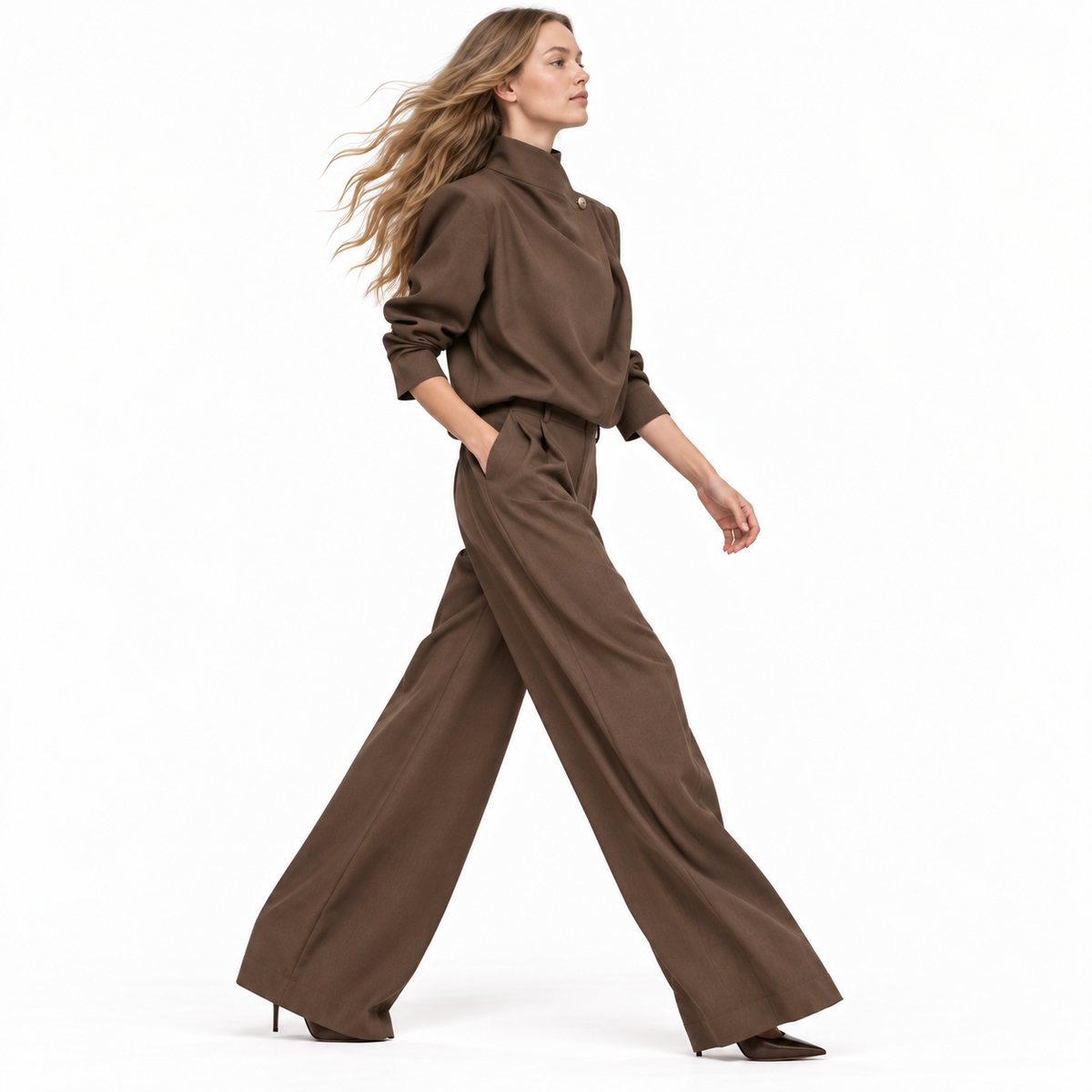 Conjunto Elegante Top De Manga Larga Cuello Alto Pantalón Holgado Color Solido Casual Moda Mujer En Tendencia