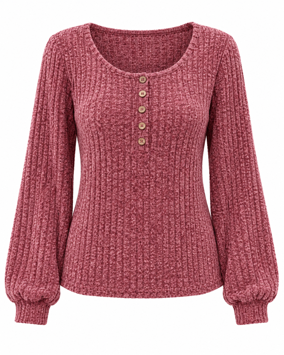Elegante Camiseta De Manga Larga Retazos De Botones De Color Sólidos Cepillado Acanalado Con cuello redondo Semi holgado Moda Mujer En Tendencia