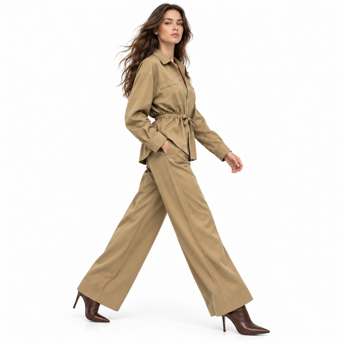 Conjunto de Mujer Dos Piezas Caqui con Chaqueta Ajustable y Pantalón Recto