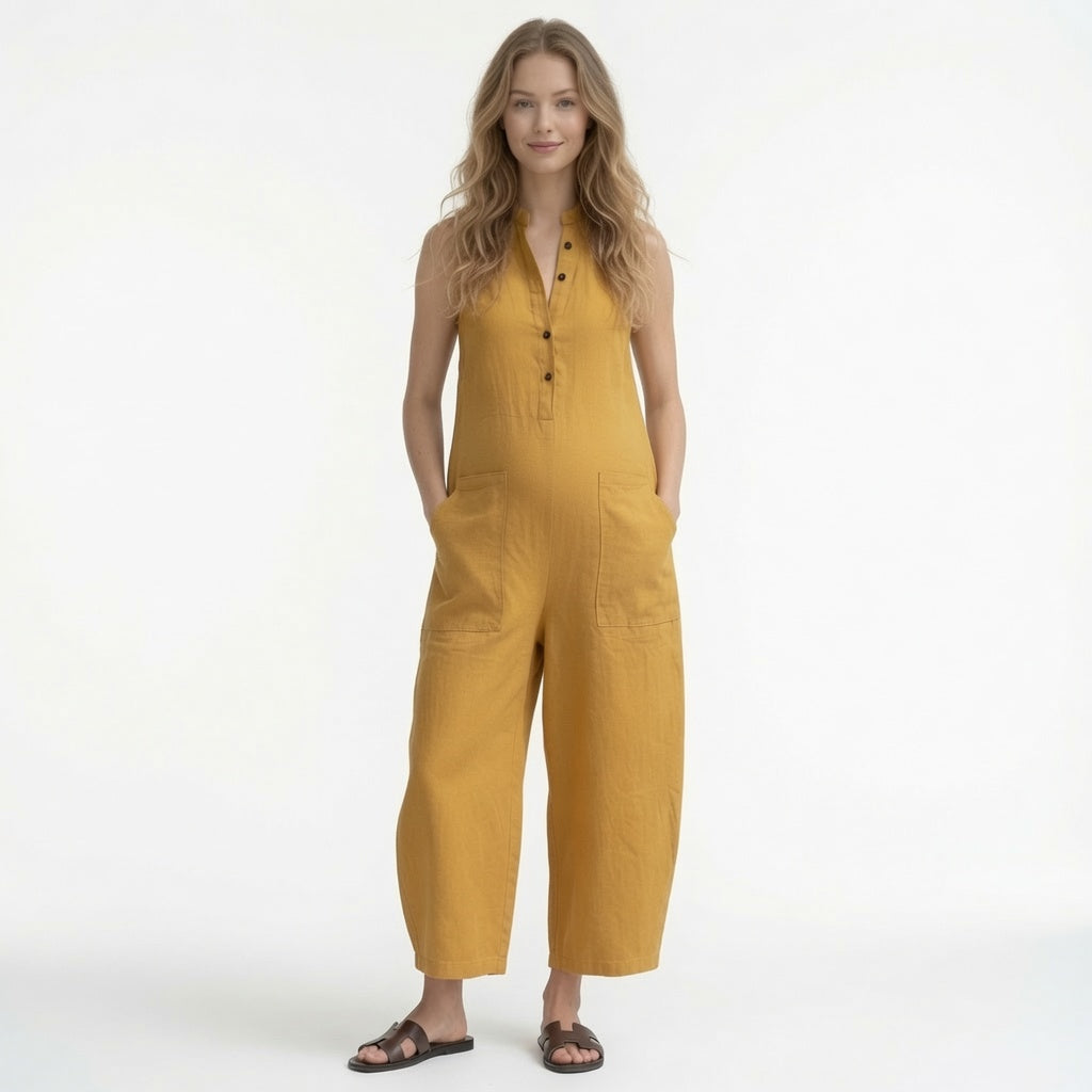 Elegante Mono Casual En Color Liso Holgado Pierna Ancha Sin Mangas Con Botones Fresco Moda Mujer En Tendencia